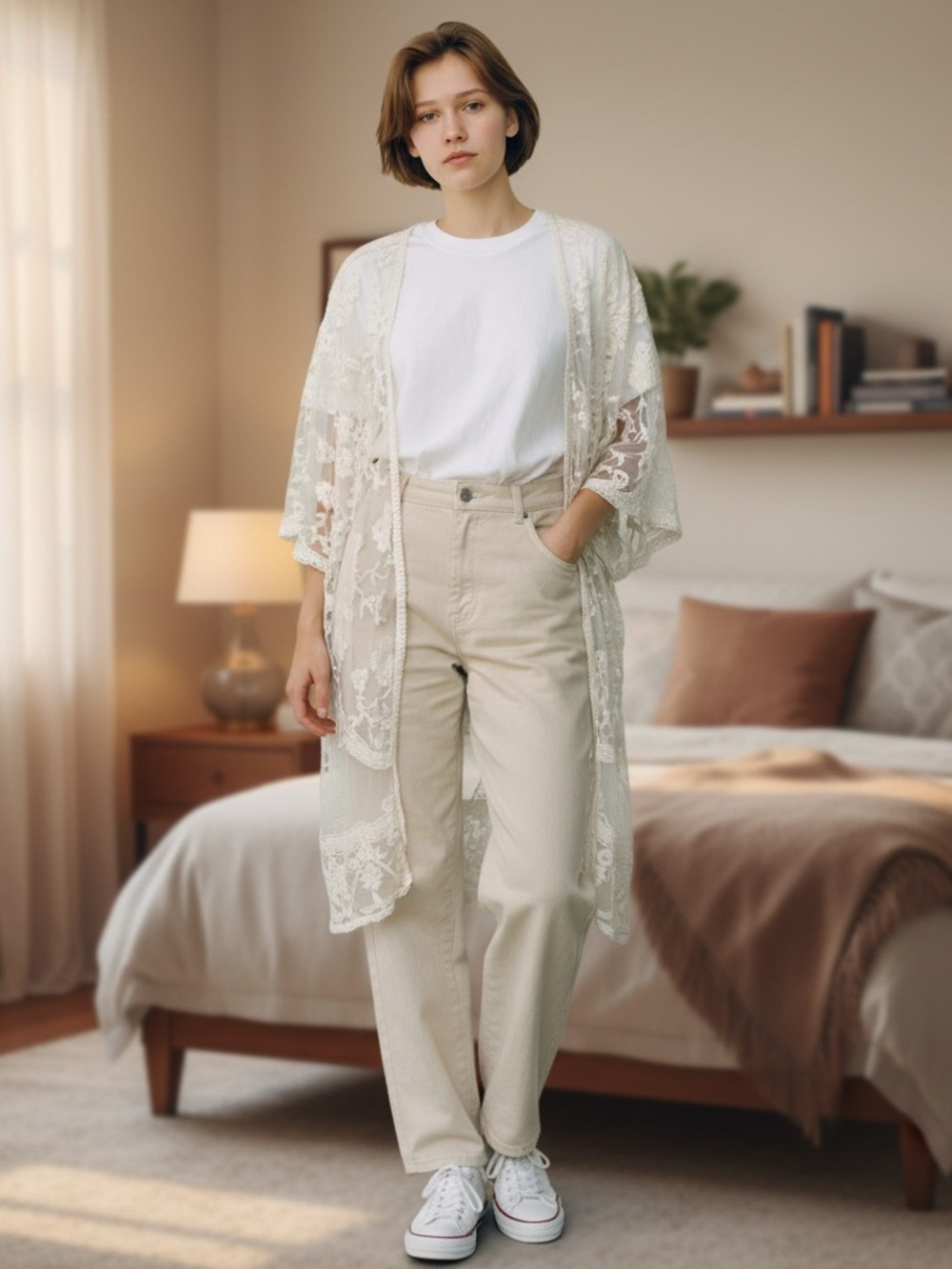 Lightweight Lace Kimono Tunic — Cream